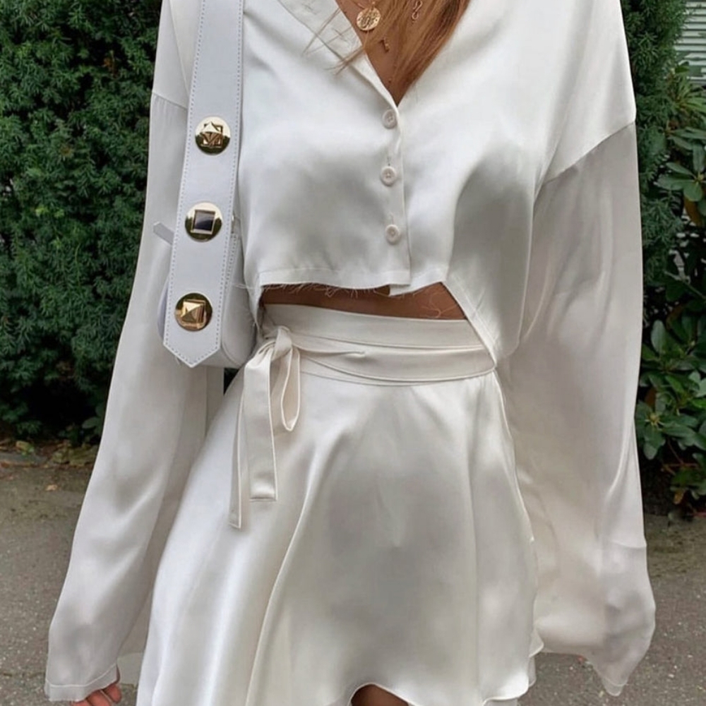 Satin Raw Hem Tied Two Piece Skirt Set